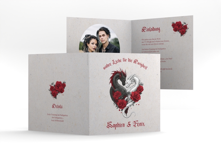Hochzeitseinladung Drachenliebe quadr. Klappkarte grau
