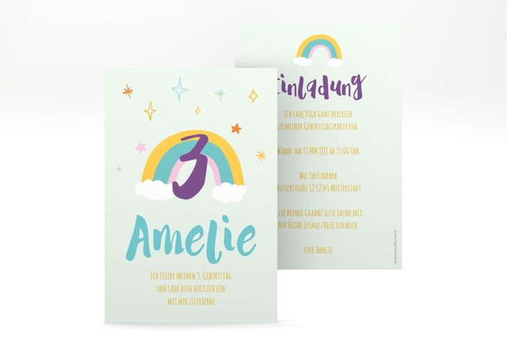 Einladungskarte Kindergeburtstag Rainbowparty A6 Karte hoch mint mit Regenbogen zum 3. Geburtstag