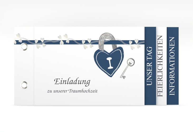 Hochzeitseinladung Oviedo Booklet blau hochglanz mit Liebesschloss und Schlüssel