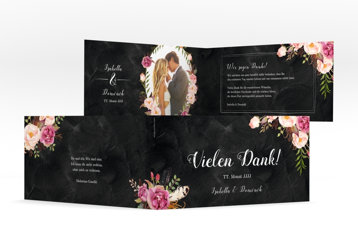 Danksagungskarte Hochzeit Flowers lange Klappkarte quer schwarz mit bunten Aquarell-Blumen