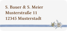 Klick: Details zu Absenderetikett Hochzeit "Bayern" anzeigen Absenderetikett Hochzeit Bayern 45,7 x 21,2 mm blau mit Edelweiß in rustikaler Holz-Optik