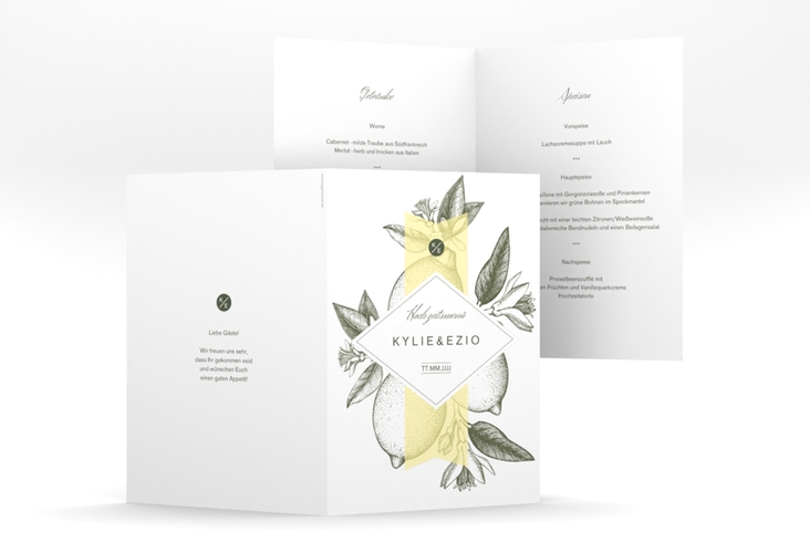 Menükarte Hochzeit Lemon A5 Klappkarte hoch mit mediterranem Zitronen-Kupferstich