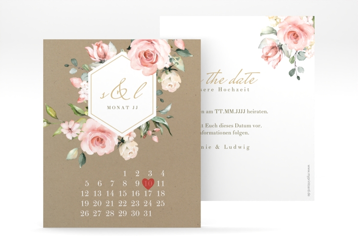 Save the Date-Kalenderblatt Graceful Kalenderblatt-Karte Kraftpapier mit Rosenblüten in Rosa und Weiß