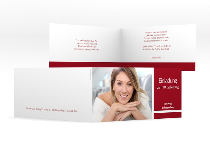 Einladung 40. Geburtstag Gerd/Gerda lange Klappkarte quer rot mit Foto