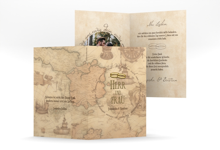 Danksagungskarte Hochzeit Zwei Ringe A6 Klappkarte hoch mit Eheringen und Fantasy-Landkarte