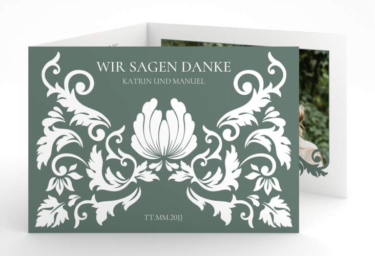 Danksagungskarte Royal A6 Doppel-Klappkarte gruen hochglanz mit barockem Blumen-Ornament