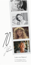 Einladung 70. Geburtstag Fotostreifen lange Karte hoch weiss