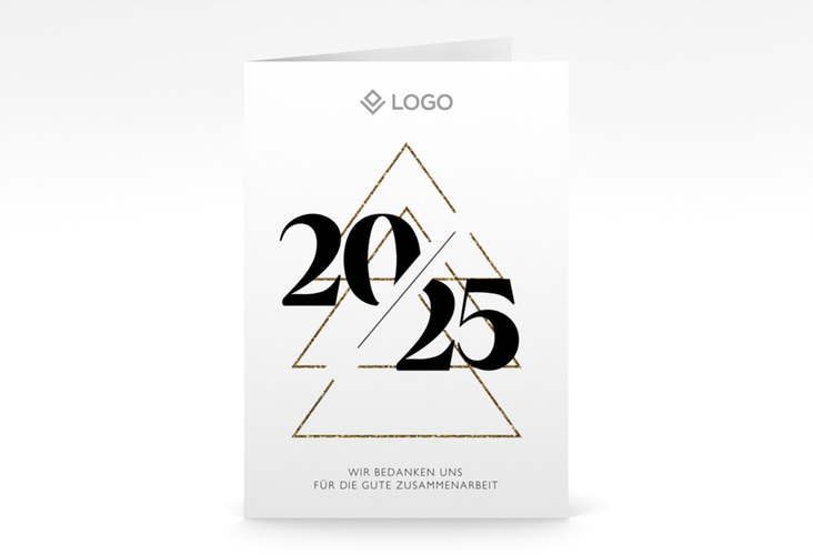 Geschäftliche Weihnachtskarte Geschäftsjahr A6 Klappkarte hoch weiss hochglanz mit Tanne und Stechpalme im Schiefertafel-Look