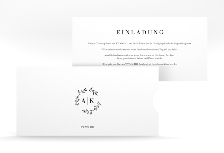 Hochzeitseinladung Filigrana Einsteckkarte schwarz in reduziertem Design mit Initialen und zartem Blätterkranz