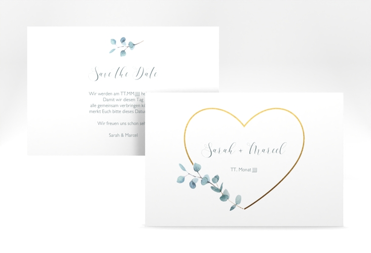 Save the Date-Karte Greenheart A6 Karte quer hochglanz mit elegantem Herz und Eukalyptus-Zweig