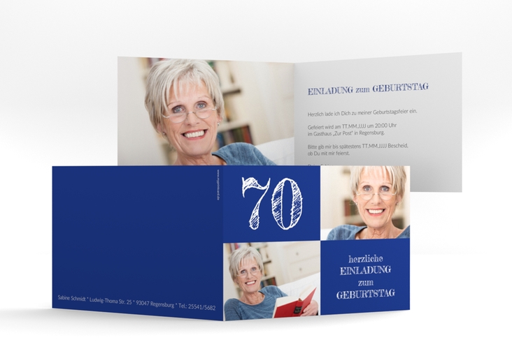 Einladung 70. Geburtstag Lebensfreude A6 Klappkarte quer blau hochglanz