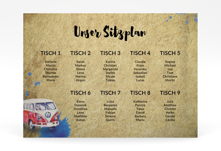 Sitzplan Poster Hochzeit Bulli 70 x 50 cm Poster beige