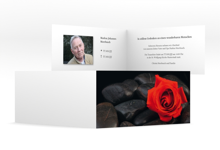 Trauerkarte Stille lange Klappkarte quer rot mit Rosenblüte