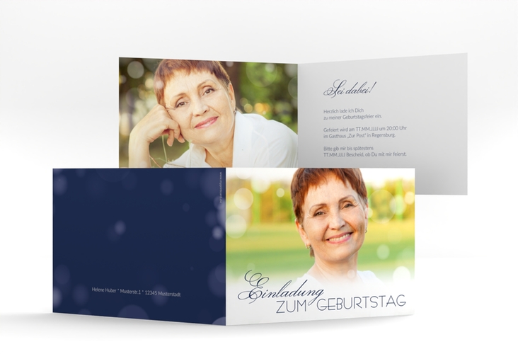 Einladung 60. Geburtstag Luminous A6 Klappkarte quer blau