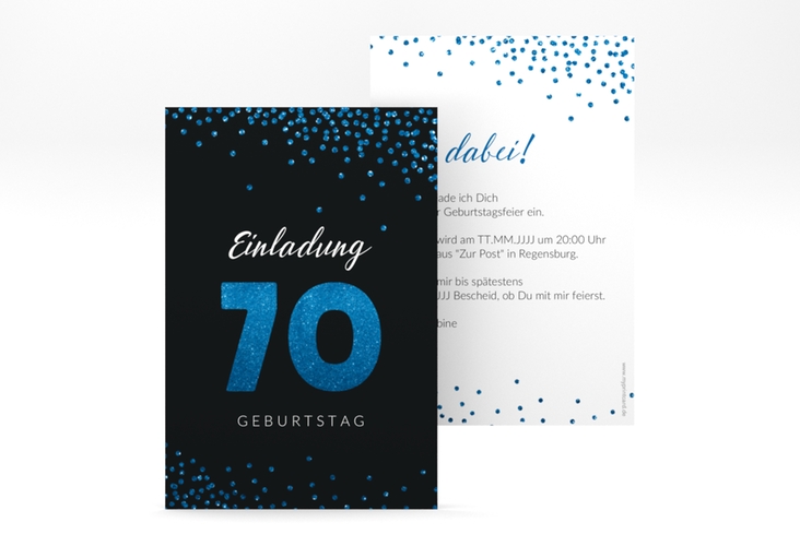 Einladung 70. Geburtstag Glitzer A6 Karte hoch blau hochglanz