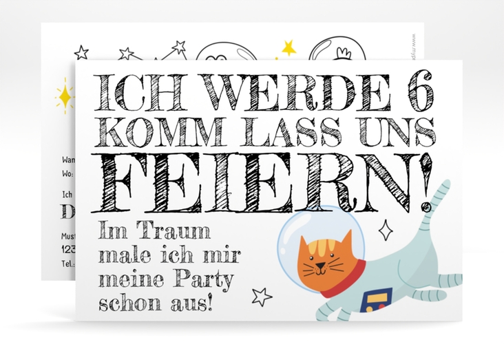 Einladungskarte Kindergeburtstag "Welttraum" DIN A6 quer mit Weltraum-Katze