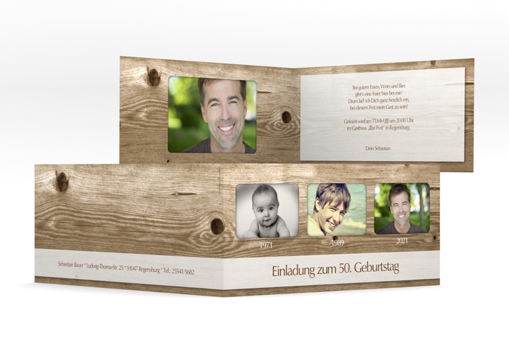 Einladung 50. Geburtstag Michael/Michaela lange Klappkarte quer im rustikalen Holz-Design mit Foto