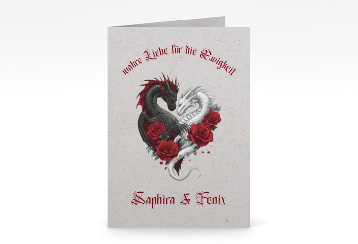Einladungskarte Hochzeit Drachenliebe A6 Klappkarte hoch grau mit schwarzem und weißem Drachen zu einem Herz verschlungen