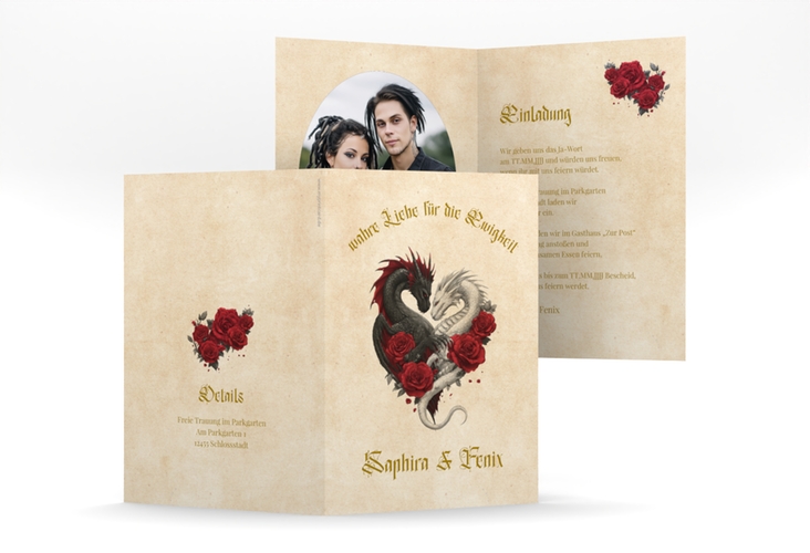 Einladungskarte Hochzeit Drachenliebe A6 Klappkarte hoch mit schwarzem und weißem Drachen zu einem Herz verschlungen