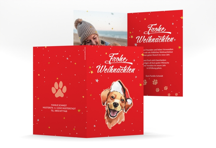 Weihnachtskarte Frosty A6 Klappkarte hoch rot mit Hund mit Nikolausmütze