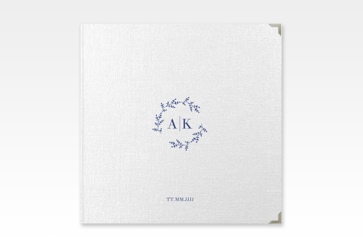 Gästebuch Selection Hochzeit Filigrana Leinen-Hardcover blau in reduziertem Design mit Initialen und zartem Blätterkranz