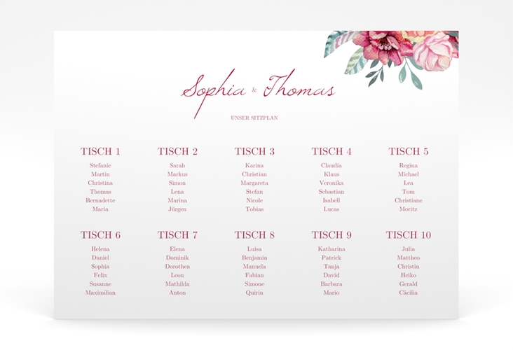 Sitzplan Poster Hochzeit Blooming 70 x 50 cm Poster weiss