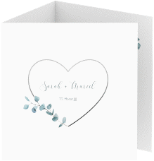 Klick: Details zu Danksagungskarte Hochzeit "Greenheart" anzeigen Danksagungskarte Hochzeit Greenheart quadr. Doppel-Klappkarte grau mit elegantem Herz und Eukalyptus-Zweig