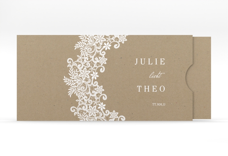 Hochzeitseinladung Mariage Einsteckkarte Kraftpapier mit Bogen aus weißer Spitze