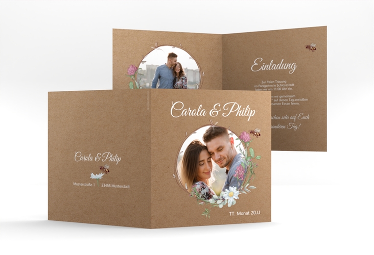 Hochzeitseinladung Honey quadr. Klappkarte Kraftpapier mit Wiesenblumen und Biene