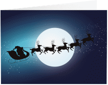 Klick: Details zu Business-Weihnachtskarte "Rentiere" anzeigen Business-Weihnachtskarte Rentiere A6 Klappkarte quer dunkelblau mit fliegendem Rentierschlitten
