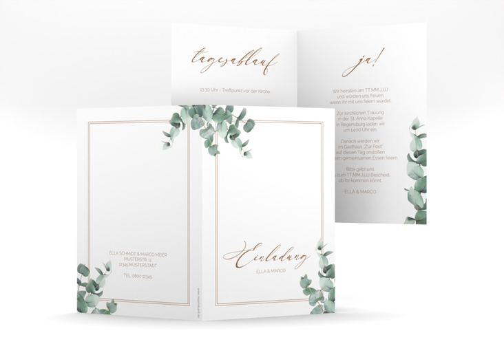 Einladungskarte Hochzeit Eucalypt A6 Klappkarte hoch weiss mit Eukalyptus und edlem Rahmen