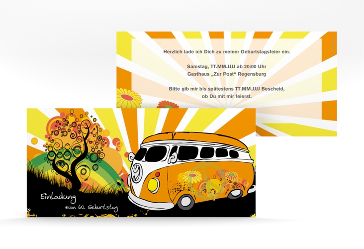 Einladung 60. Geburtstag Heiko/Heike lange Karte quer hochglanz im Retro-Design mit Hippie-Bus