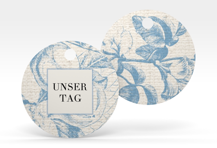 Geschenkanhänger Hochzeit Toile Geschenkanhänger, rund blau mit Blättermuster im Toile-de-Jouy-Stil