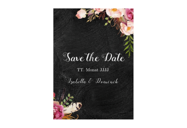 Save the Date-Visitenkarte Flowers Visitenkarte hoch schwarz hochglanz mit bunten Aquarell-Blumen