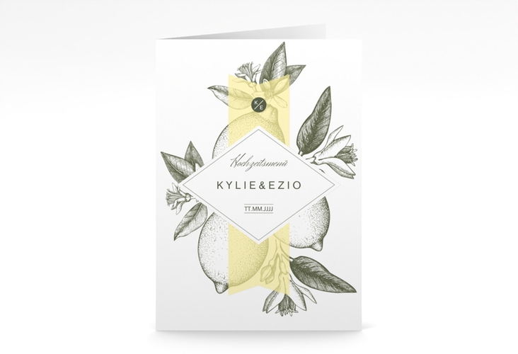 Menükarte Hochzeit Lemon A5 Klappkarte hoch mit mediterranem Zitronen-Kupferstich