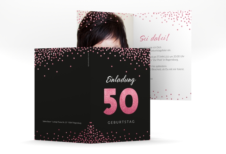 Einladung 50. Geburtstag Glitzer A6 Klappkarte hoch pink hochglanz