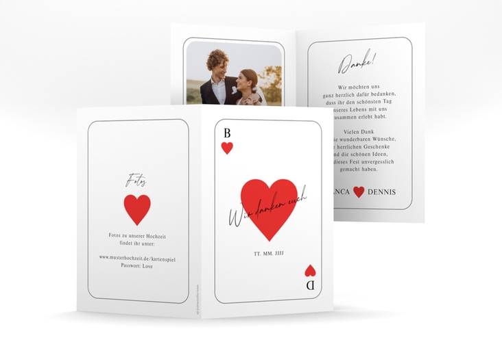 Danksagungskarte Kartenspiel A6 Klappkarte hoch weiss im Herz-Ass-Design eines Kartenspiels