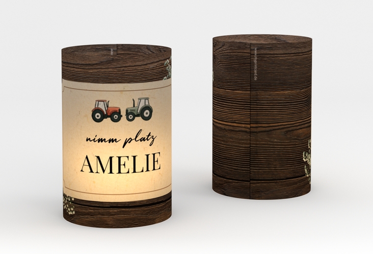 Windlicht Hochzeit Bauernhochzeit Windlicht in rustikaler Holz-Optik mit Schleierkraut und zwei kleinen Traktoren