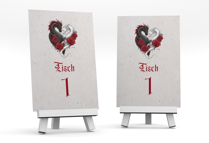 Tischnummer Hochzeit Drachenliebe Tischaufsteller grau hochglanz mit schwarzem und weißem Drachen zu einem Herz verschlungen