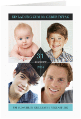 Einladung 30. Geburtstag Rhombus A6 Klappkarte hoch tuerkis modern mit vier Fotos