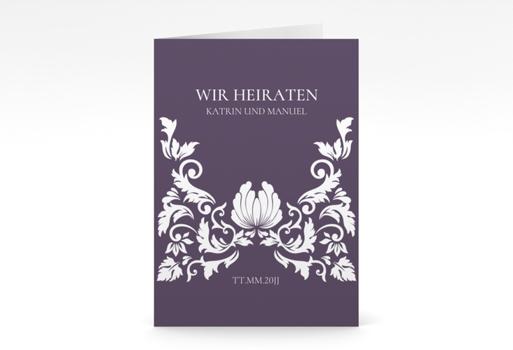 Einladungskarte Hochzeit Royal A6 Klappkarte hoch lila hochglanz mit barockem Blumen-Ornament