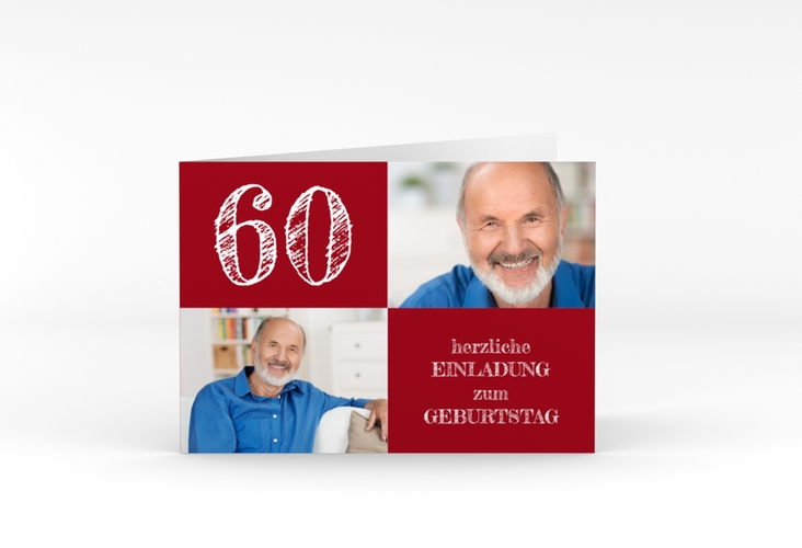 Einladung 60. Geburtstag Lebensfreude A6 Klappkarte quer rot hochglanz