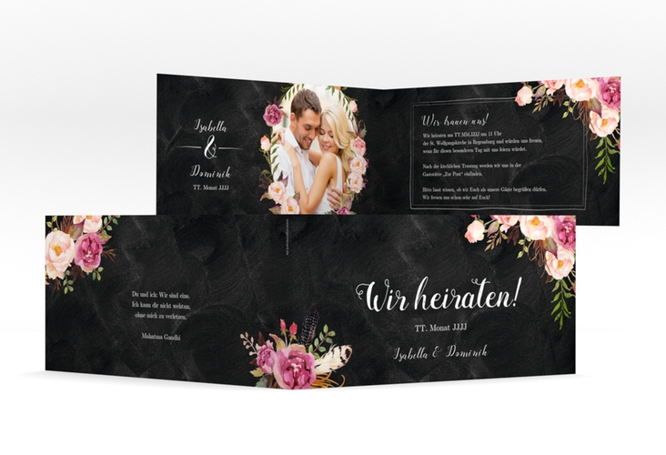 Hochzeitseinladung Flowers lange Klappkarte quer schwarz mit bunten Aquarell-Blumen