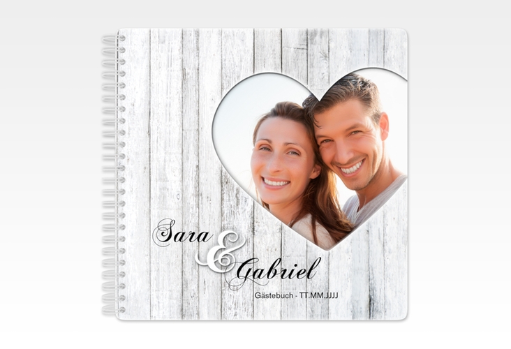 Gästebuch Hochzeit Herz Ringbindung mit Foto auf weißem Holz