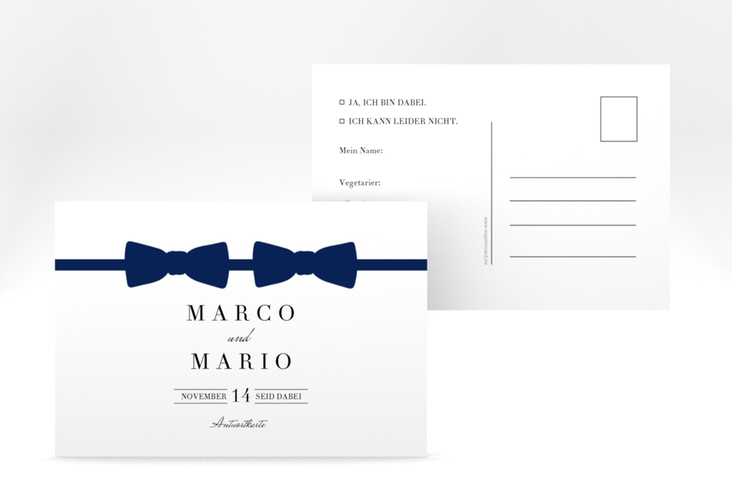 Antwortkarte Hochzeit Suits A6 Postkarte blau hochglanz