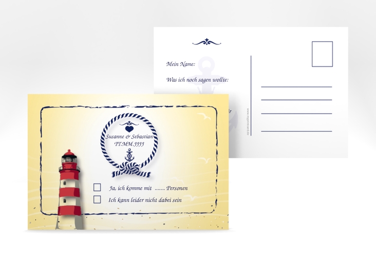 Antwortkarte Hochzeit Sylt A6 Postkarte gelb hochglanz mit Leuchtturm