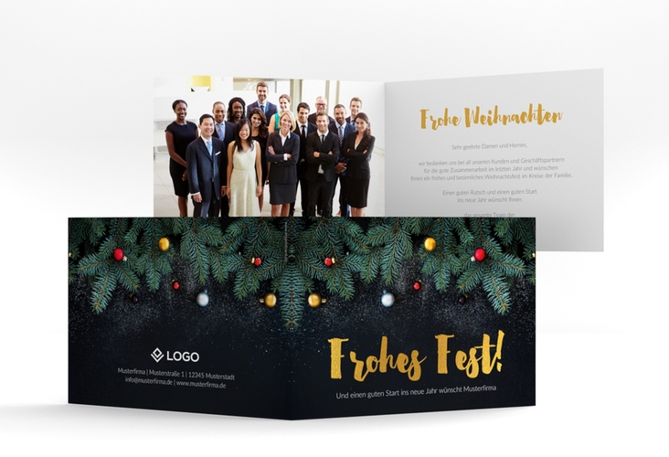Business-Weihnachtskarte Weihnachtlich A6 Klappkarte quer schwarz mit Tannenzweigen und goldenem Schriftzug