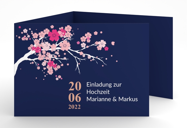Hochzeitseinladung Sakura A6 Doppel-Klappkarte blau hochglanz