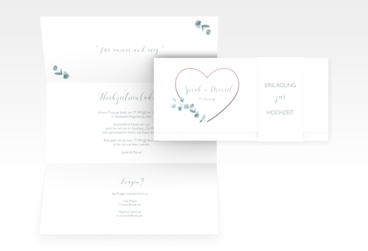 Hochzeitseinladung Greenheart Wickelfalzkarte + Banderole rosa hochglanz mit elegantem Herz und Eukalyptus-Zweig