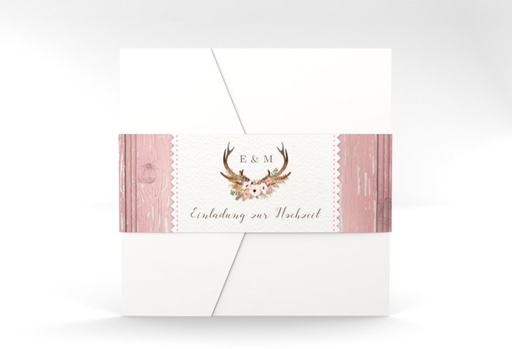 Hochzeitseinladung Heimatjuwel Pocketfold rosa hochglanz mit Hirschgeweih und Holz-Hintergrund